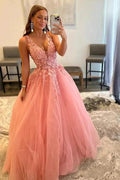 A-Line V Neck Tulle Appliques Blush Pink Prom Dress with Slit PSK472 by pgmdress