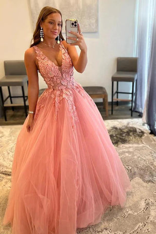 A-Linie, V-Ausschnitt, Tüllapplikationen, Zartrosa, Ballkleid mit Schlitz, PSK472