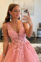 A-Line V Neck Tulle Appliques Blush Pink Prom Dress with Slit PSK472 by pgmdress