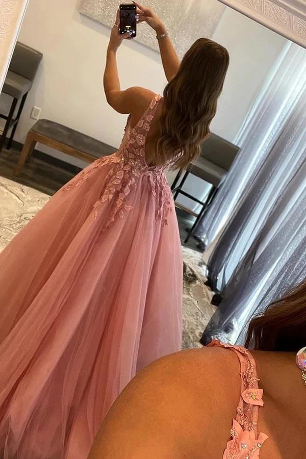 A-Line V Neck Tulle Appliques Blush Pink Prom Dress with Slit PSK472 by pgmdress
