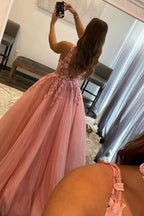 A-Line V Neck Tulle Appliques Blush Pink Prom Dress with Slit PSK472 by pgmdress