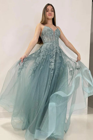 A-Linie V-Ausschnitt Tüll Spitze Grau Grün Langes Ballkleid PSK506