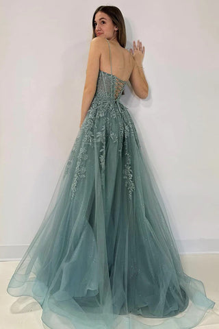 A-Linie V-Ausschnitt Tüll Spitze Grau Grün Langes Ballkleid PSK506