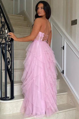 A-Linie Rüschen Applikationen Korsett Rosa Langes Ballkleid mit Schlitz PSK604