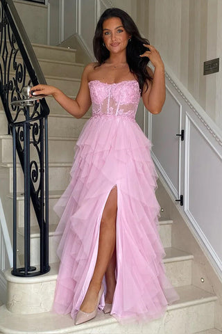 A-Linie Rüschen Applikationen Korsett Rosa Langes Ballkleid mit Schlitz PSK604