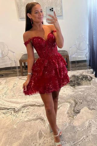 Vestido de cóctel rojo corto con apliques de lentejuelas y corte A PD497