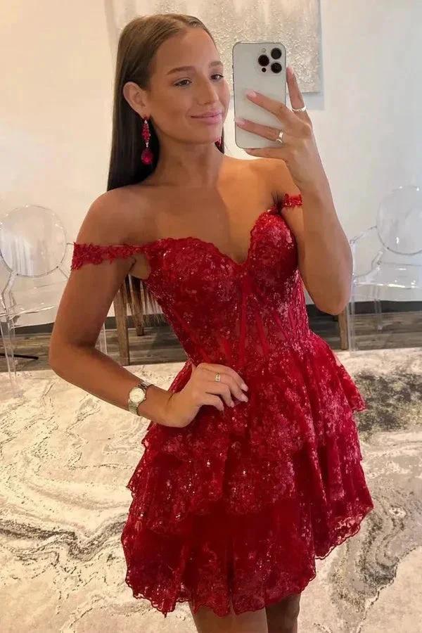 A-Line Sequins Appliques Red Short Homecoming Cocktail Dress PD497 by pgmdress