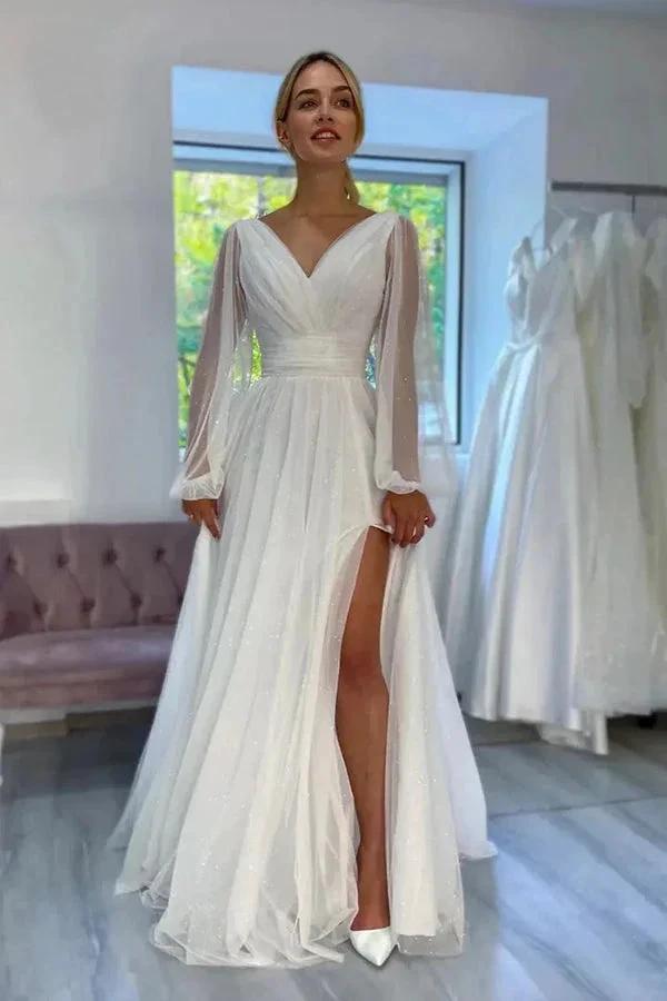 A-Line Sparkly V-Neck Long Sleeves Beach Wedding Dress WD750 by pgmdress