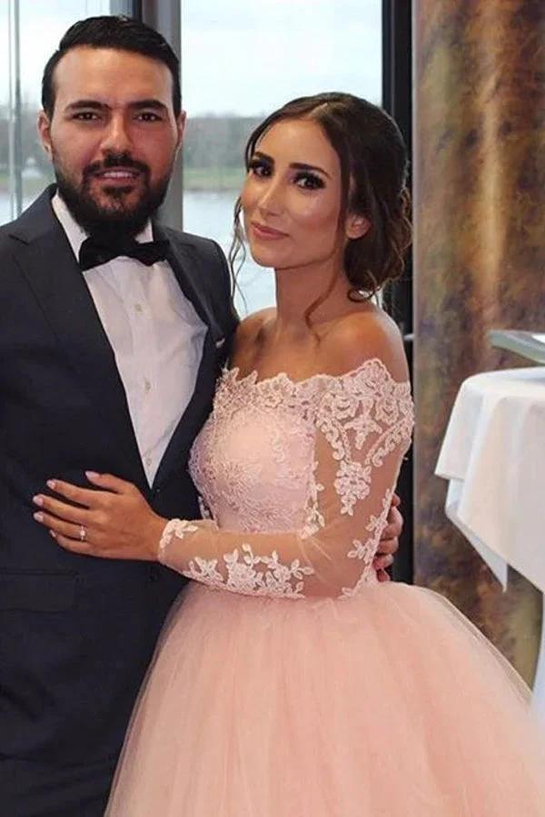 A-line Blush Pink Off Shoulder Long Sleeves Wedding Dress WD688 by pgmdress