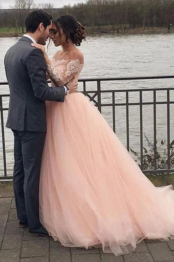 A-line Blush Pink Off Shoulder Long Sleeves Wedding Dress WD688 by pgmdress