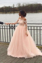 A-line Blush Pink Off Shoulder Long Sleeves Wedding Dress WD688 by pgmdress