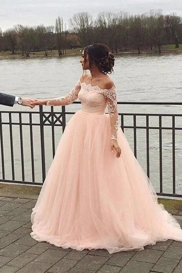 A-line Blush Pink Off Shoulder Long Sleeves Wedding Dress WD688 by pgmdress