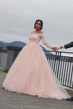 A-line Blush Pink Off Shoulder Long Sleeves Wedding Dress WD688 by pgmdress