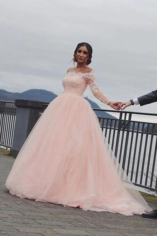 A-line Blush Pink Off Shoulder Long Sleeves Wedding Dress WD688 by pgmdress