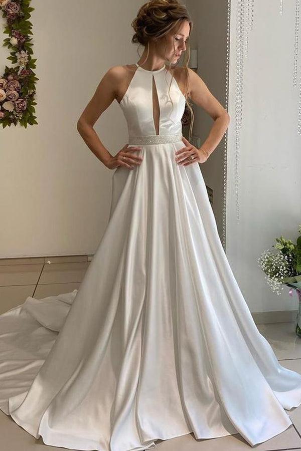 A-line Halter Neckline Backless Long Satin Wedding Dresses With Beading Belt WD562 Hover Image