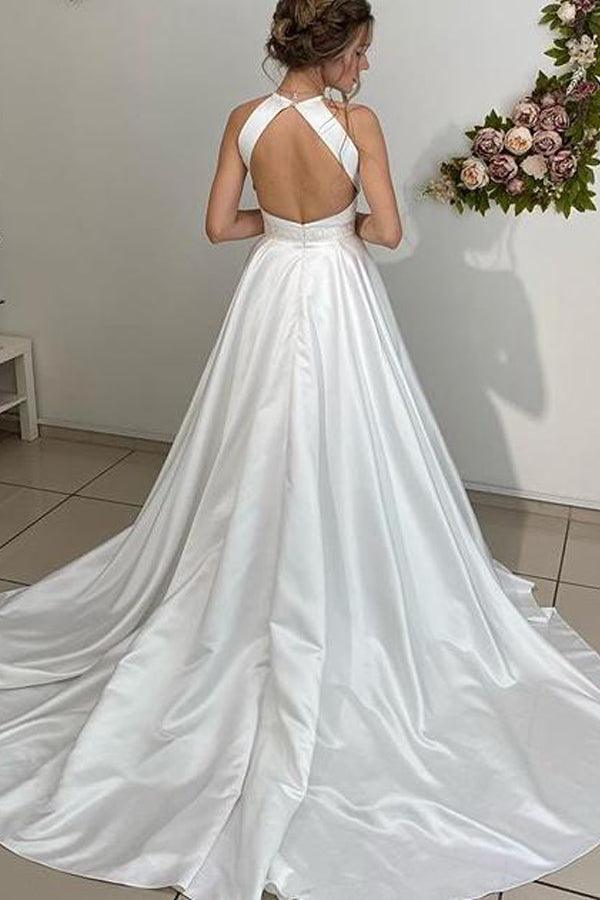 A-line Halter Neckline Backless Long Satin Wedding Dresses With Beading Belt WD562 Main Image