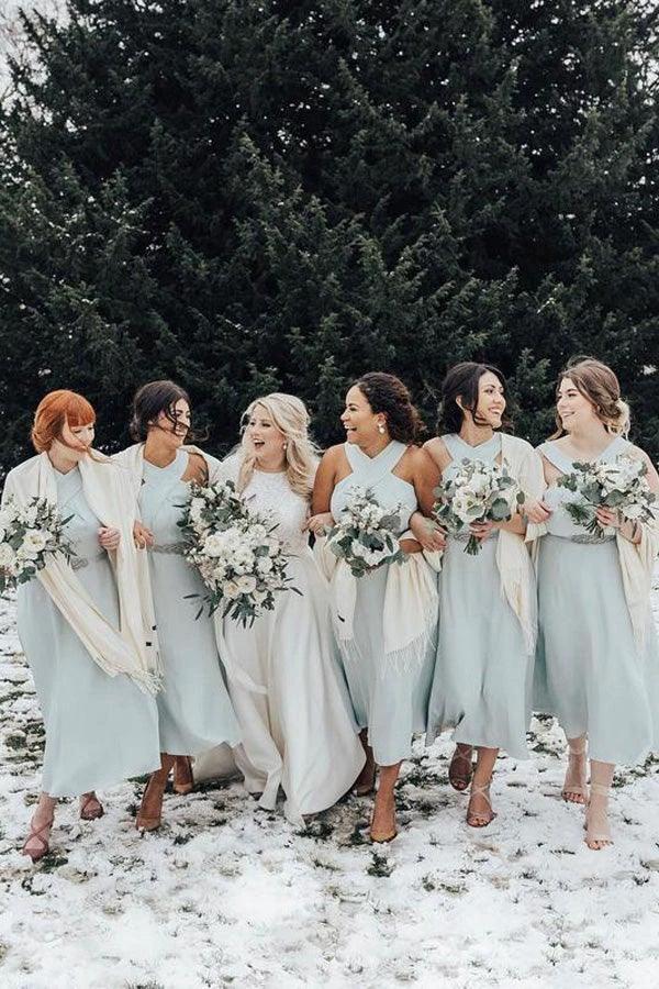 A-line Halter Pleated Chiffon Sleeveless Tea Length Bridesmaid Dresses BD085 by pgmdress