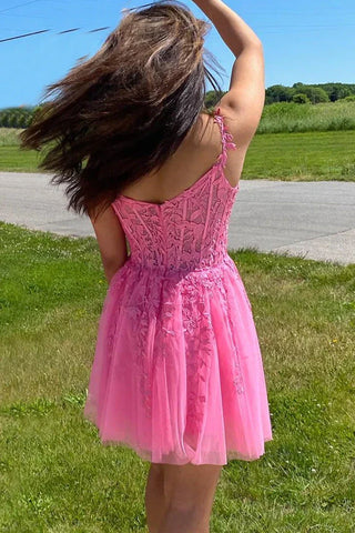 A-Linie Hot Pink Spitzenapplikationen Partykleid Homecoming Kleid PD460