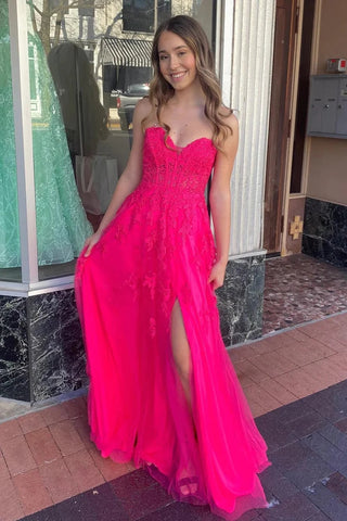 A-Linie Hot Pink Trägerloses Langes Ballkleid mit Blumenapplikationen PSK495