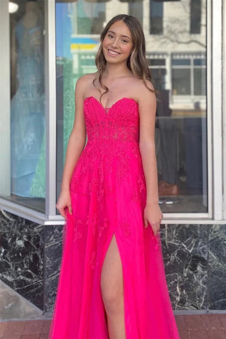 A-Linie Hot Pink Trägerloses Langes Ballkleid mit Blumenapplikationen PSK495