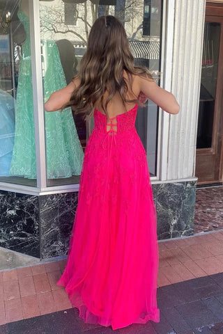 A-Linie Hot Pink Trägerloses Langes Ballkleid mit Blumenapplikationen PSK495
