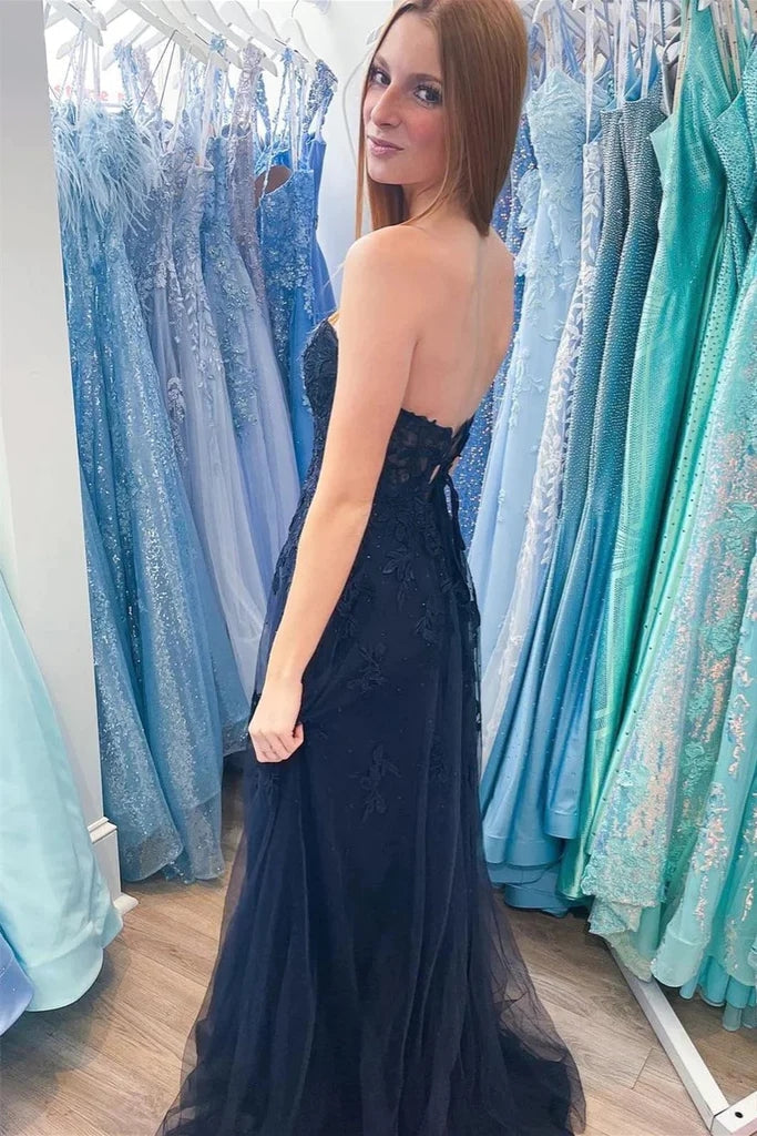 A-line Hot Pink Strapless Floral Appliques Long Prom Dress PSK495