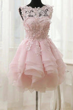 A-line Lace Bateau Neckline Pink Homecoming Dresses With Appliques PD429 by pgmdress