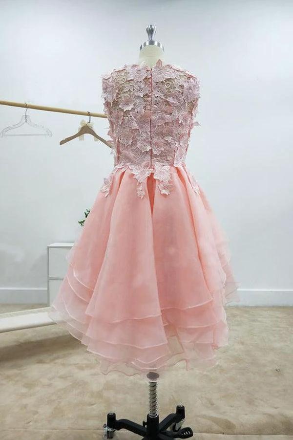 A-line Lace Bateau Neckline Pink Homecoming Dresses With Appliques PD429 by pgmdress