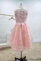 A-line Lace Bateau Neckline Pink Homecoming Dresses With Appliques PD429 by pgmdress