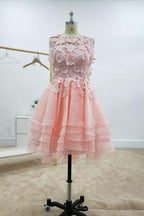 A-line Lace Bateau Neckline Pink Homecoming Dresses With Appliques PD429 by pgmdress