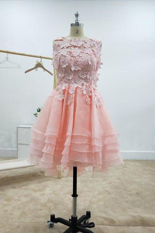A-Linie Spitze Bateau-Ausschnitt Rosa Homecoming Kleider Mit Applikationen PD429