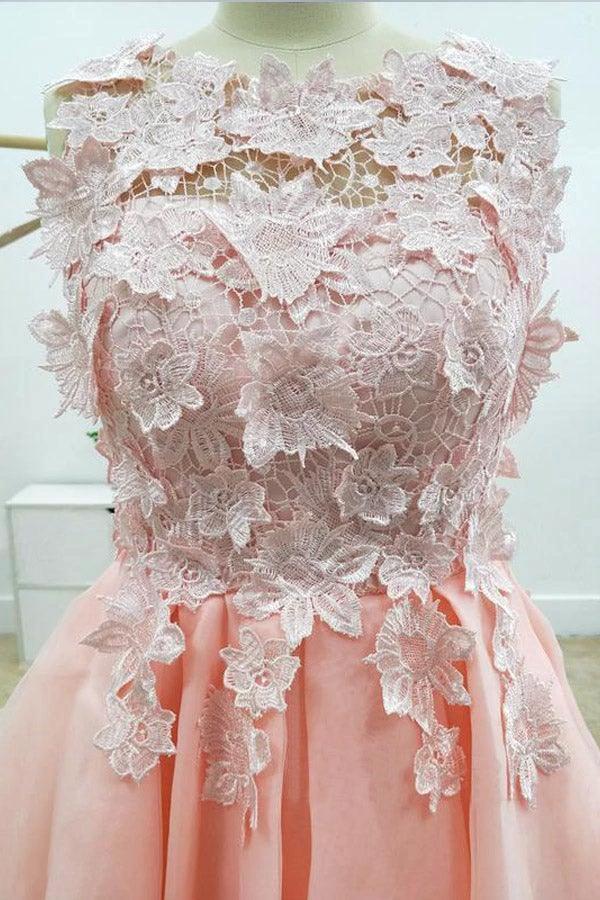 A-line Lace Bateau Neckline Pink Homecoming Dresses With Appliques PD429 by pgmdress