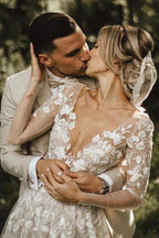 A-line Long Sleeves Wedding Dresses Lace V Neckline Bridal Gowns WD584 by pgmdress