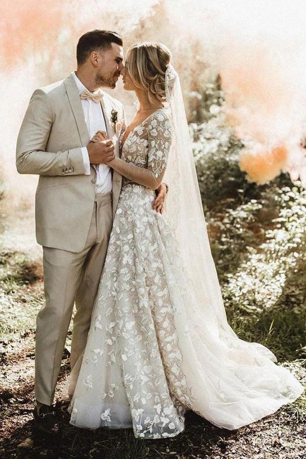 A-line Long Sleeves Wedding Dresses Lace V Neckline Bridal Gowns WD584 by pgmdress
