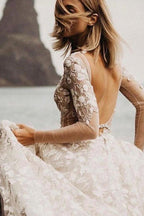 A-line Long Sleeves Wedding Dresses Lace V Neckline Bridal Gowns WD584 by pgmdress