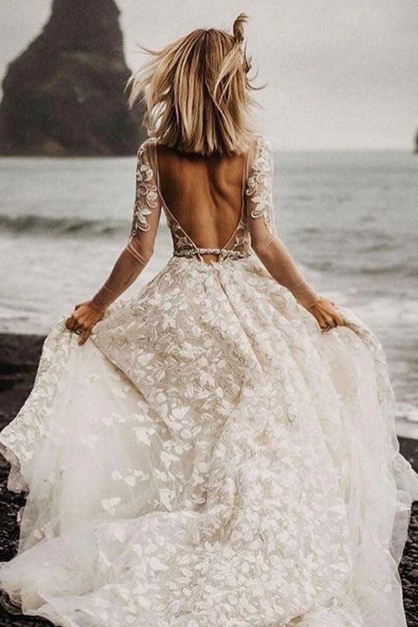 A-line Long Sleeves Wedding Dresses Lace V Neckline Bridal Gowns WD584 by pgmdress