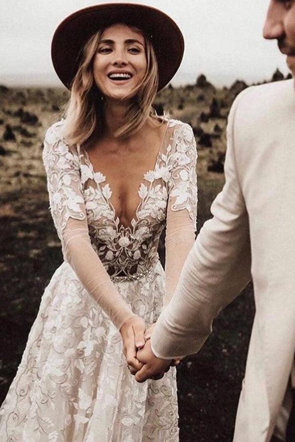 A-line Long Sleeves Wedding Dresses Lace V Neckline Bridal Gowns WD584 by pgmdress