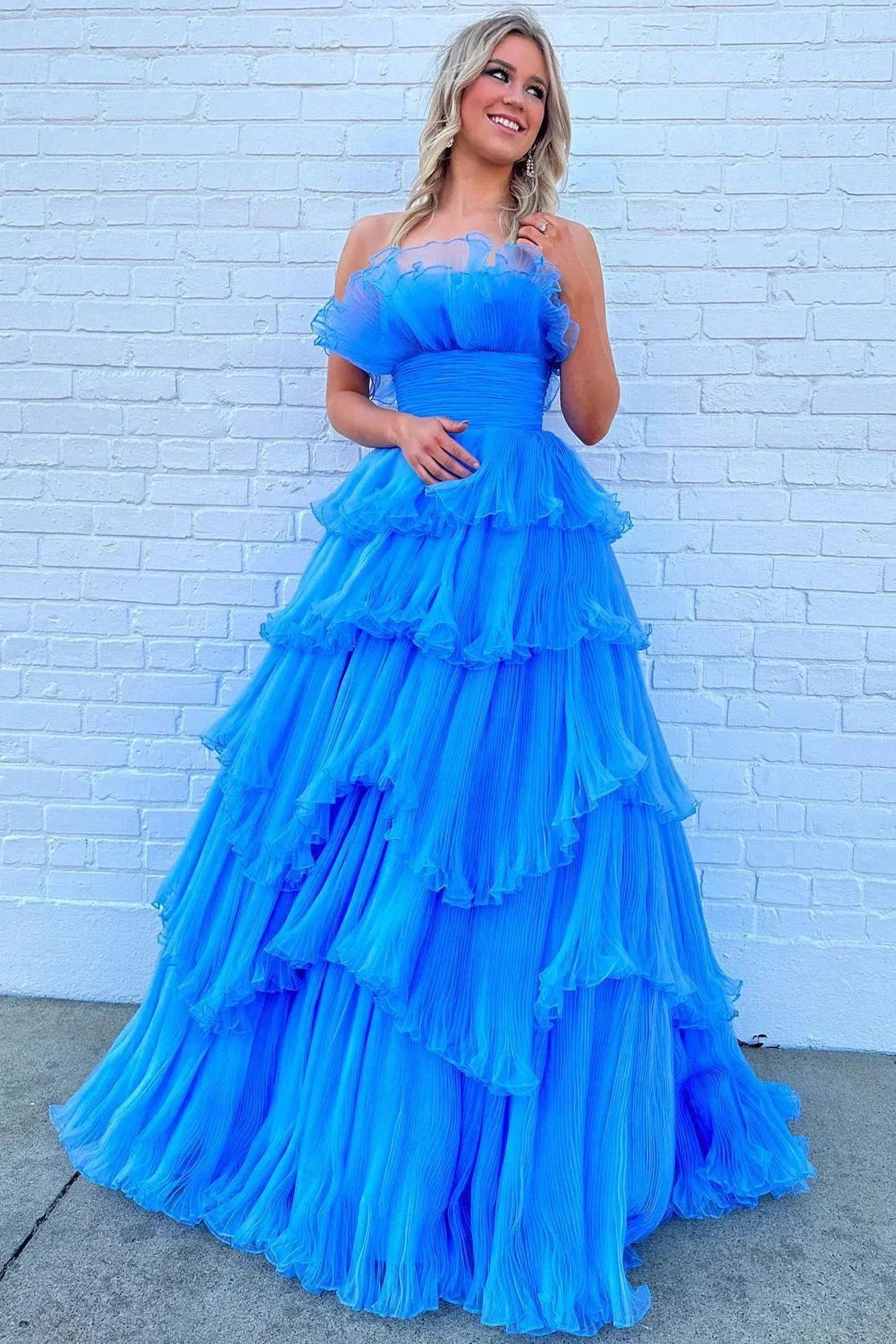 Off-the-Shoulder Ruffle Layers Tulle Prom Dress SYP144 by vivymakudress