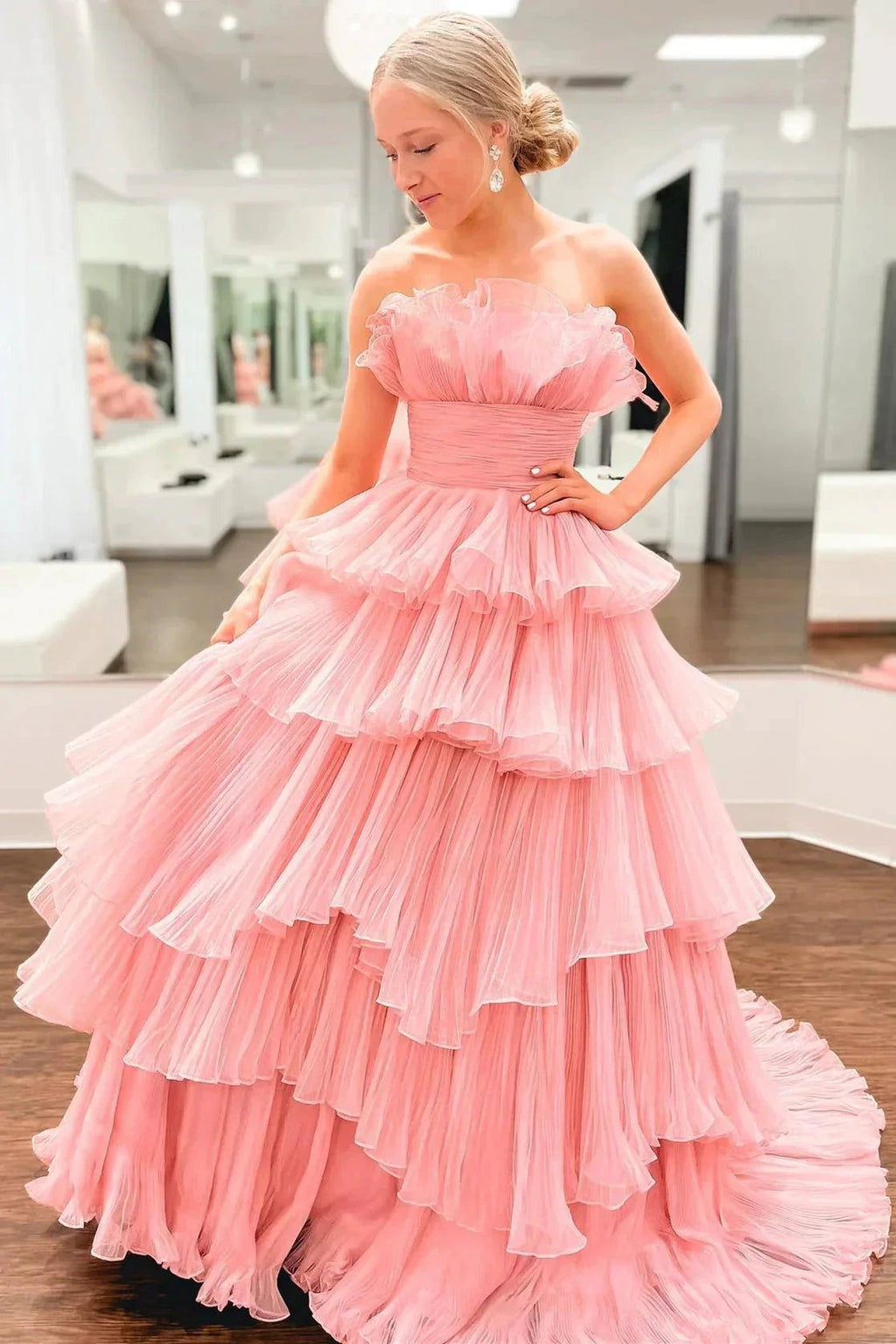 Off-the-Shoulder Ruffle Layers Tulle Prom Dress SYP144 by vivymakudress