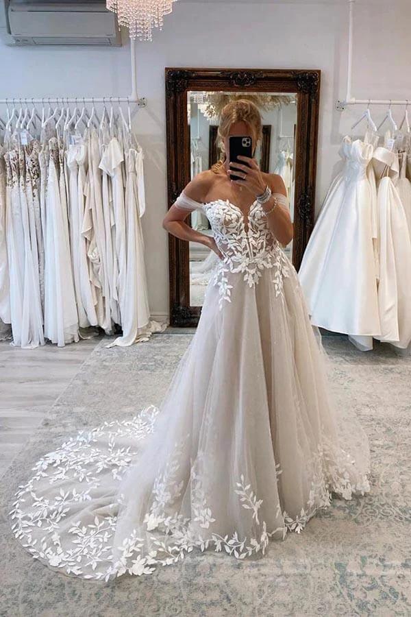 A-line Off-the-Shoulder Wedding Dresses With Lace Appliques Bridal Gown WD664 by pgmdress