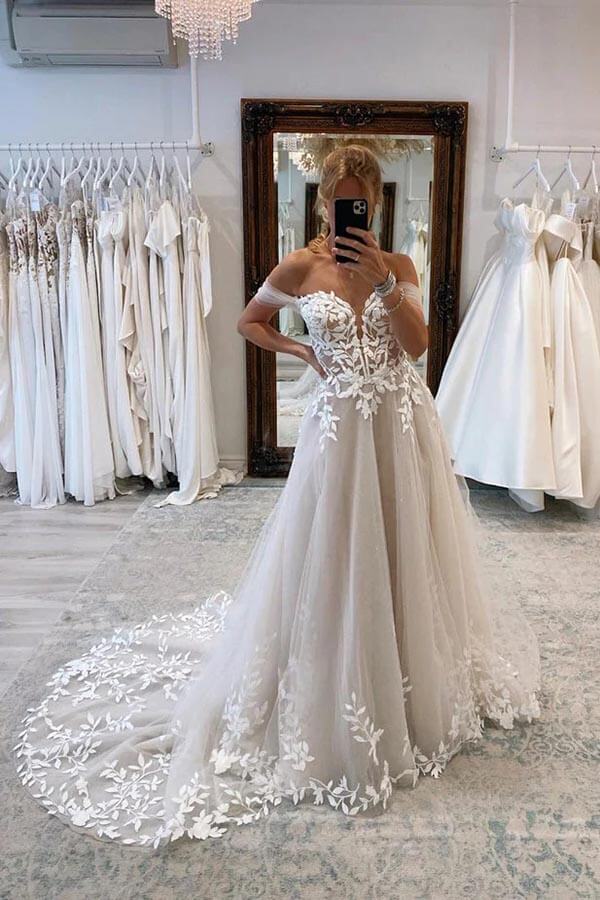 A-line Off-the-Shoulder Wedding Dresses With Lace Appliques Bridal Gown WD664 Hover Image
