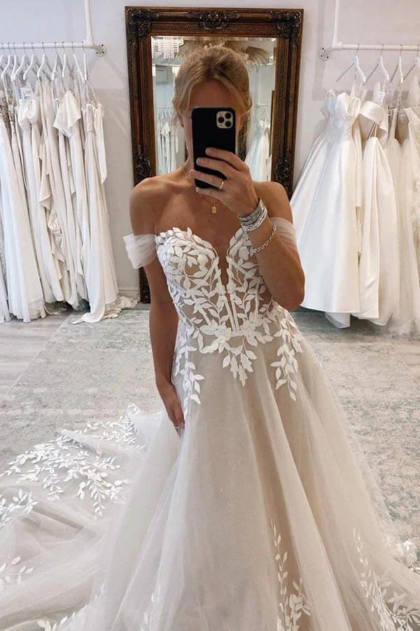 A-line Off-the-Shoulder Wedding Dresses With Lace Appliques Bridal Gown WD664 by pgmdress