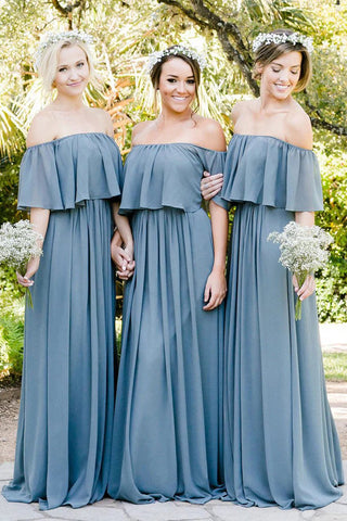 Schulterfreies, plissiertes Brautjungfernkleid mit Rüschen in Grau und Blau BD137