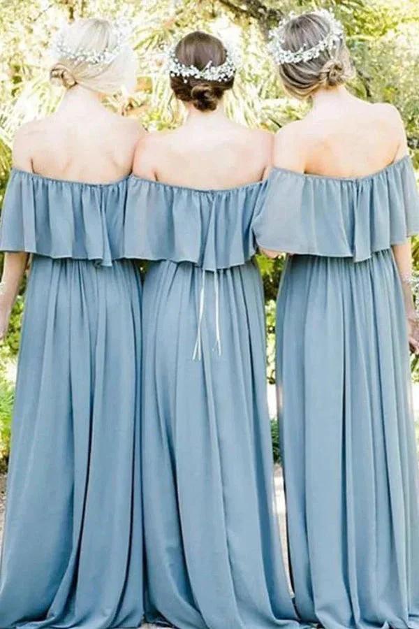 Off Shoulder Ruffles Pleated Gray Blue Bridesmaid Dress BD137 by pgmdress