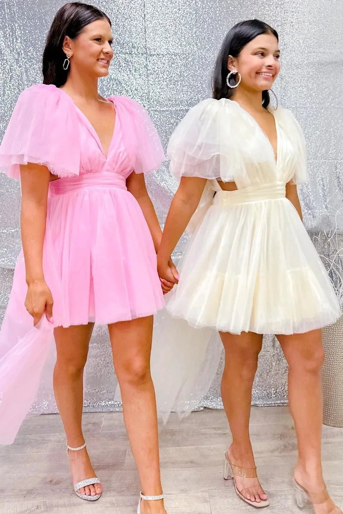 Plunging V Neck Tulle Homecoming Dress SYH109 by vivymakudress