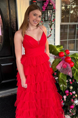 A-Linie, rote Lagen, tiefer V-Ausschnitt, langes Ballkleid PSK487