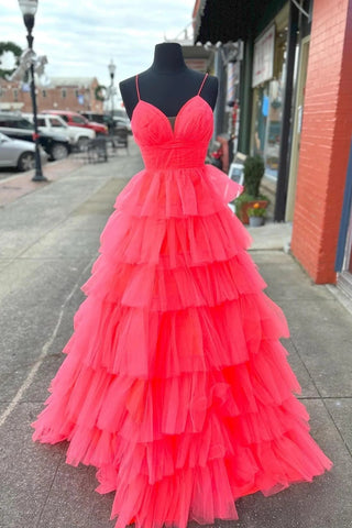 A-Linie, rote Lagen, tiefer V-Ausschnitt, langes Ballkleid PSK487