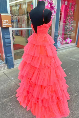A-Linie, rote Lagen, tiefer V-Ausschnitt, langes Ballkleid PSK487