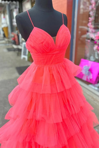 A-Linie, rote Lagen, tiefer V-Ausschnitt, langes Ballkleid PSK487
