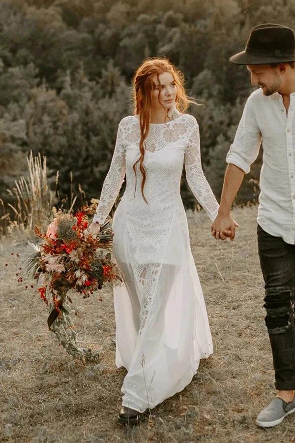 A-line Scoop Neck Backless Long Sleeves Beach Wedding Dresses WD703 by pgmdress